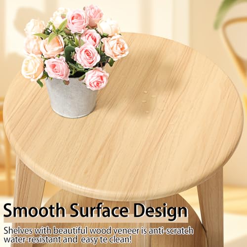 End Table Small Round Side Table with 2 Storage Shelves Walnut End Tables Accent Sofa Bedside Table Modern Night Stand for Living Room Bedroom Small Spaces - color: Beige