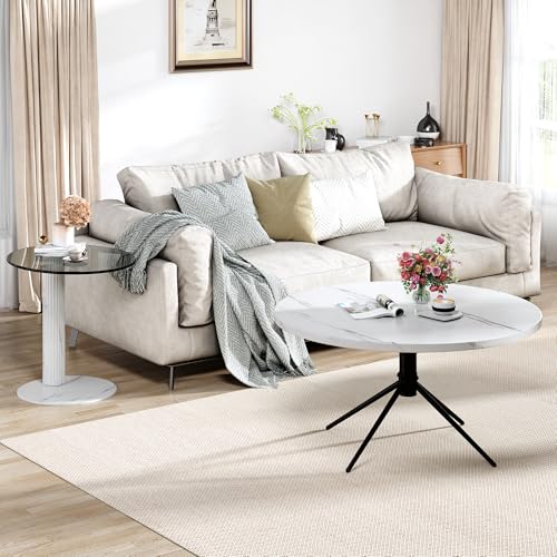 Hooseng Set of 2 Round Coffee Tables, Faux Marble Top and Modern Tempered Transparent Glass Top,Perfect for Living Room,Cafe,Home,and Office(Coffee Table+Side Table) - color: Coffee Table+side Table