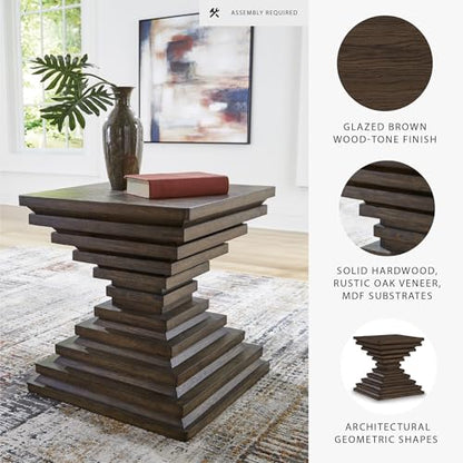 Signature Design by Ashley Hannodream End Table, No Assembly Required, Contemporary Pedestal Wood Accent Table for Living Room Sofa, Warm Brown, 22" W - color: Warm Brown