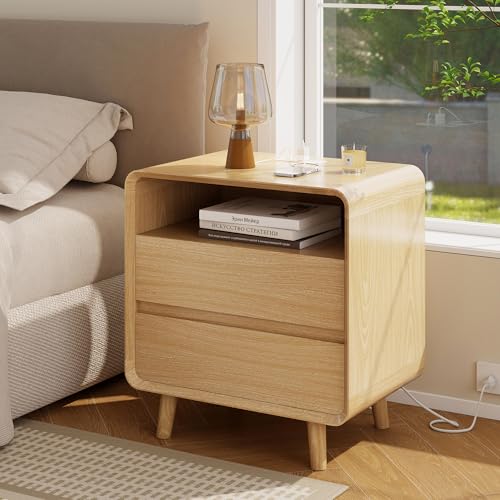Nasonet Modern Nightstand with Charging Station, Wood End Tables Bedroom Nightstands with Drawers, Wide Curved Bedside Table for Kids Bedroom, Living Room, Oak - color: Oak, size: 2 Drawers