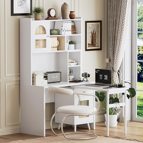 Bellemave Computer Desk with 90 Degree Rotating Desktop, 43x70 Inch Home Office Desk with Drawer and Storage Cabinets, Gaming Desk with Shelves, Writing Desk for Study (White) - color: White