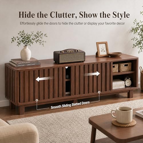 70 Inch Walnut Fluted TV Stand for 80 Inch TVs, Mid Century Modern Entertainment Center with Sliding Doors, Power Outlets, Storage Shelves, Wood Media Console Cabinet for Living Room