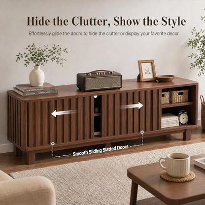 70 Inch Walnut Fluted TV Stand for 80 Inch TVs, Mid Century Modern Entertainment Center with Sliding Doors, Power Outlets, Storage Shelves, Wood Media Console Cabinet for Living Room