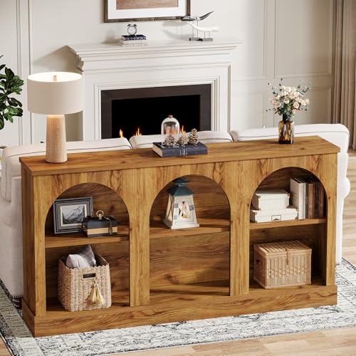 Tribesigns Farmhouse Console Table, 63-Inch Long 3-Tier Entryway Table with Storage, Wooden Rectangular Sofa Table Behind The Couch for Entrance, Hallway, Living Room, Natural Wood - color: Natural Wood