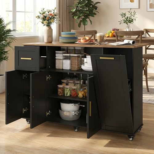 59" Rolling Kitchen Island Cart with Storage, Drop Leaf, Black | Mobile Prep Table with 2 Cabinets, Drawer & Trash Bin, All-in-one Counter Space Saver for Small Kitchens