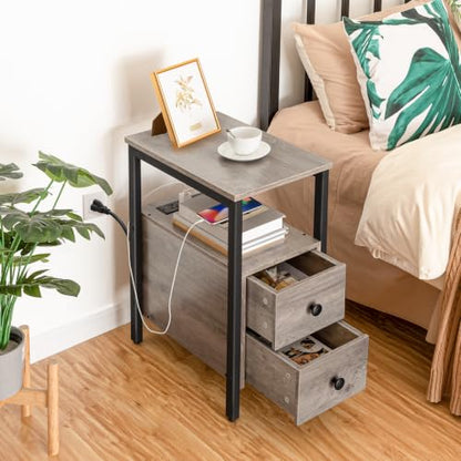 HOOBRO Set of 2 End Tables with Charging Station, Narrow Side Table with Drawers & USB Port & Power Outlets, Nightstand for Small Spaces, Living Room, Stable, Greige and Black BG541BZP201 - color: Greige + Black