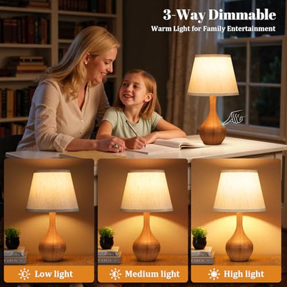 Seealle Touch Table Lamp for Bedroom, 3-Way Dimmable Small Bedside Lamps for Night Stands with Wires, Wood-Paint Desk Lamp for Kids Room, Office, Living Room, End Table(LED Bulb Included) - color: E. Oatmeal Shade & wood-paint Base