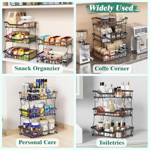 Giwil 3 Tier Countertop Fruit Basket for Kitchen, Vegetable Storage Bread Fruit Bowl Stand with 2 Banana Hooks, Wall Mounted Metal Wire Basket Organizer for Potato Onion, Black - size: 3 Tier Wire Basket Top