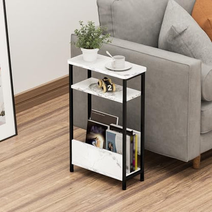 THUMEYE 7.1" Narrow Side Table for Small Spaces, 3 Tier Small End Table with Magazine Holder, Slim/Skinny Nightstand/Bedside Table for Living Room, Bedroom, 15.4" L x 24.2" H, Faux White Marble - color: Faux White Marble