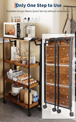 Jojoka No Assembly Folding Kitchen Cart with Wood Top, 4 Tier Collapsible Rolling Utility Cart on Wheels, Industrial Mobile Kitchen Island Storage Cart for Small Spaces, RV and Pantry, Rustic Brown