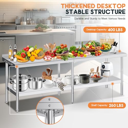 Jocisland 30" x 96" Stainless Steel Table for Prep & Work, Food-Grade Stainless Steel with Backsplash, Adjustable Under Shelf & Safe Design for Restaurant, Home and Outdoor - size: 30x96 in, style: With Hooks& Backsplash