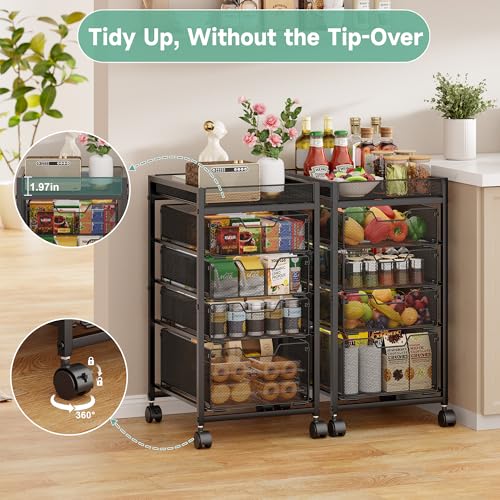 keomaisyto 5-Tier Kitchen Storage Cart with Top Basket & Drawers, Fruit and Vegetable Storage Rack on Wheels, Metal Rolling Cart with Drawers & Kitchen Organization for Snacks, Potatoes, Onions, Cans - size: 5-Tier