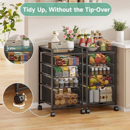 keomaisyto 5-Tier Kitchen Storage Cart with Top Basket & Drawers, Fruit and Vegetable Storage Rack on Wheels, Metal Rolling Cart with Drawers & Kitchen Organization for Snacks, Potatoes, Onions, Cans - size: 5-Tier