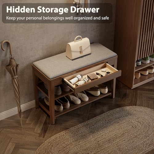 Small Shoe Bench with Storage, Wooden Shoe Storage Bench with Cushion&Hidden Drawer, 2-Tier Shoe Rack Bench for Entryway, Mudroom, Hallway - size: 31.5"W x 13.6"D x 21.3"H