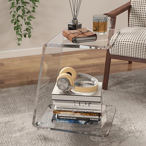 C Shaped Side Table for Sofa, Heavy Clear Acrylic Mobile End Table on Wheels, Modern Rolling Snack & Drink Use for Living Room & Bedroom, Space-Efficient Design with Sturdy Construction, 15mm Thick - color: 1-pack