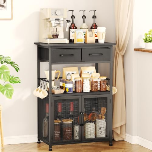 SWTYMIKI Coffee Bar Cabinet with Drawer - Coffee Stand Station with Removable Hooks, Buffet Cabinet for Coffee Maker or Microwave, Kitchen Bar Table Storage Organizer (Black, 20.47"x13.78"x31.3") - color: Black, size: 20.47"x13.78"x31.3"