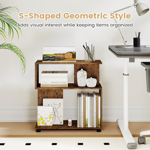 GOFLAME 3-Tier Geometric Bookcase, S-Shaped Bookshelf with 2 Open Back Compartments, Modern Display Rack, Narrow Compact Side End Table Nightstand for Living Room, Home Office (1,Rustic Brown) - color: Rustic Brown