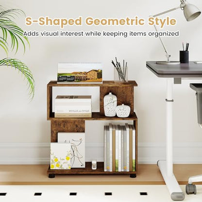 GOFLAME 3-Tier Geometric Bookcase, S-Shaped Bookshelf with 2 Open Back Compartments, Modern Display Rack, Narrow Compact Side End Table Nightstand for Living Room, Home Office (1,Rustic Brown) - color: Rustic Brown