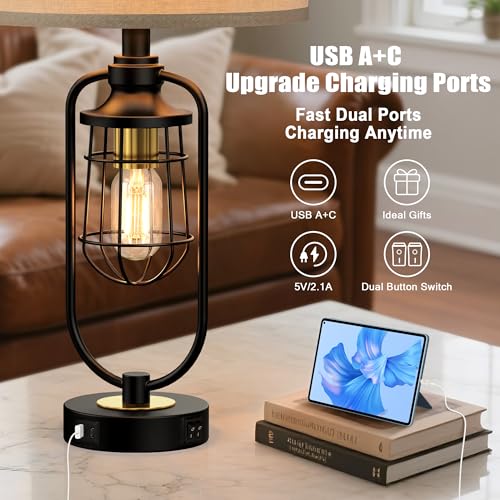Table Lamps for Living Room Set of 2, Farmhouse Lamps for Night Stands, Industrial Bedside Lamps for Bedroom End Table with USB A+C, Bulbs Included - color: Black-Gold