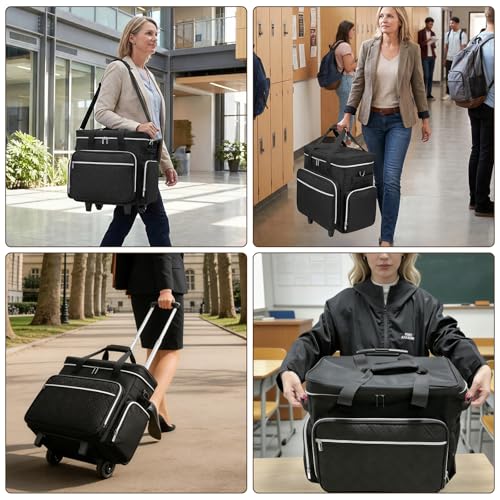 LIWSHWZ Rolling Teacher Tote Bag,Wheeled Teacher Bag with Detachable Dolly & File Teacher Tote - color: Black