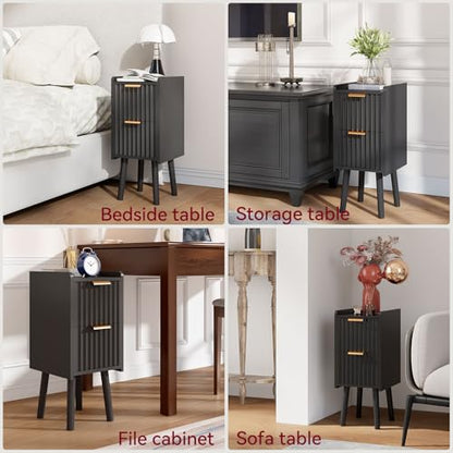 IBUYKE Narrow Nightstand,Slim Bedside Table with 2 Drawer,Black UWNS015B | Space Saving,Skinny Bedside Table for Small Spaces,Wood Side End Tables for Bedroom Living Room