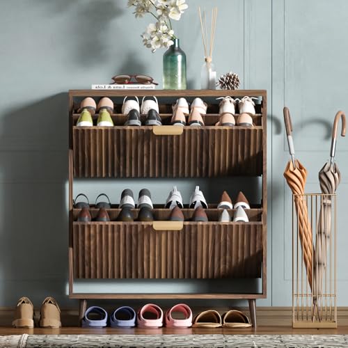 Shoe Cabinet Storage, Modern Freestanding Organizer with 2 Flip Drawers, Narrow Shoe Rack for Entryway, Walnut - color: Walnut, size: 2-Drawers