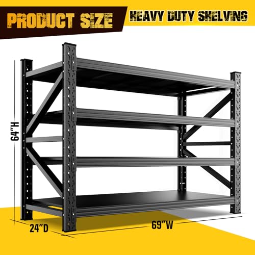 69"W Garage Shelving,6000lb Heavy Duty Storage Shelves,4 Tier Adjustable Shelving Unit,Industrial Metal Storage Shelving,Easy to install Standing Garage Shelf for Warehouse,Basement,64"H x 69"W x 24"D