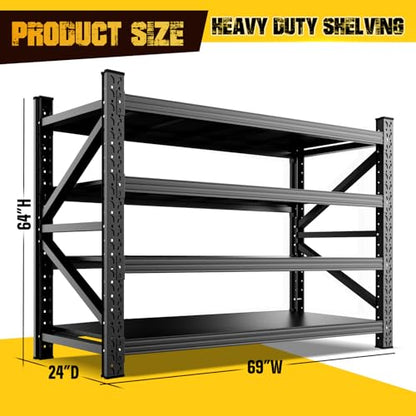 69"W Garage Shelving,6000lb Heavy Duty Storage Shelves,4 Tier Adjustable Shelving Unit,Industrial Metal Storage Shelving,Easy to install Standing Garage Shelf for Warehouse,Basement,64"H x 69"W x 24"D