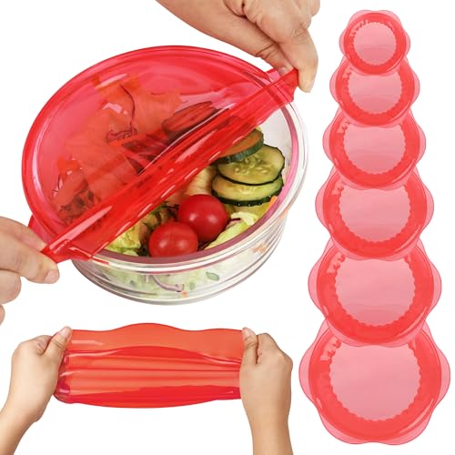 Silicone Stretch Lids for Food Storage in Fridge, Reusable Elastic Bowl Covers for Cup, Cans, Jars, Round & Rectangle Container, Food Grade Silicone Microwave Food Cover, Red, 6PCS - color: 6 Pcs Red