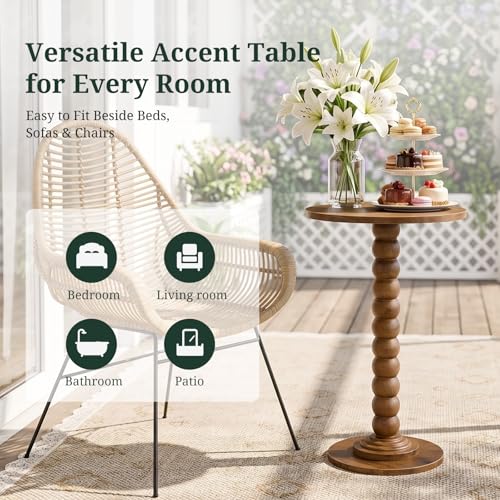 Round Side Table for Small Spaces, Modern Pedestal End Table with Solid Wood Spindle Leg, Small Drink Table Accent Nightstand for Living Room, Bedroom, Sofa Side, Apartment & Office, Brown - color: Brown