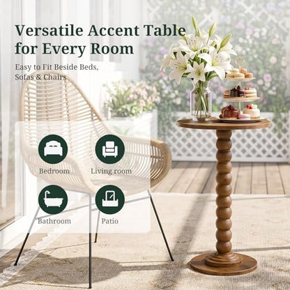 Round Side Table for Small Spaces, Modern Pedestal End Table with Solid Wood Spindle Leg, Small Drink Table Accent Nightstand for Living Room, Bedroom, Sofa Side, Apartment & Office, Brown - color: Brown