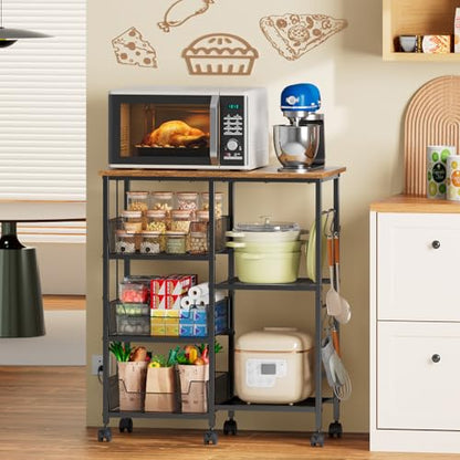 Rolling Kitchen Microwave Organizer Cart, Adjustable Shelves, Black | Kitchen Island Storage Cart with Tilt-Out Baskets & Lockable Wheels, 27.75"L × 15.35"W × 32.9"H, for Coffee Bar & Living Room - color: Black
