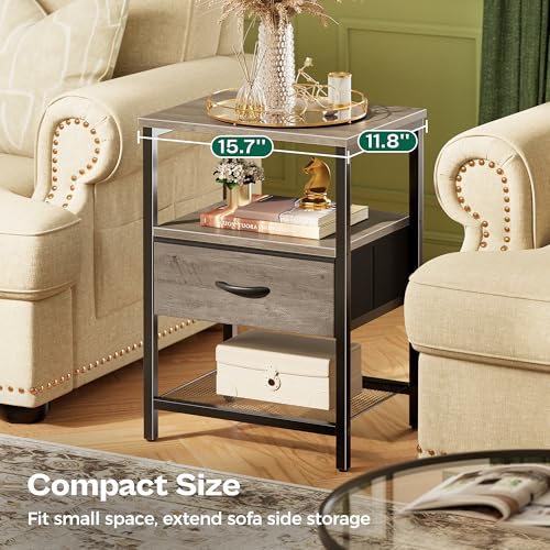 Huuger Nightstand Set of 2, Night Stand with Fabric Drawer, Mesh Shelf, Side Table with Storage, Fabric Drawer Dresser, Open Shelf, Metal Frame, Bedroom, Oak - color: Oak