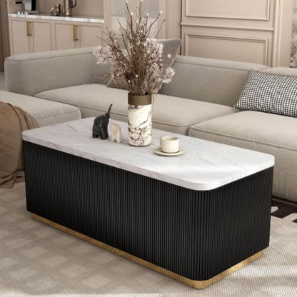 Furniture of America Beryl Modern Rectangle White Genuine Marble Top Coffee Table with Fluted Pedestal Base and Gold Stainless Steel Accent, Low Profile Table for Living Room, Home Office, Black - size: Coffee table, style: Rectangle