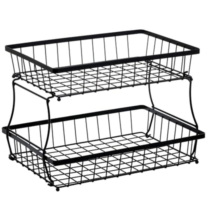 HOSY 2-Tier Metal Fruit Basket, 17-in Rectangle Black Standing Storage Rack | All-Metal, Removable Design, Tool-Free Assembly, Versatile Kitchen Countertop Organizer, Vegetables, Breads, Seasonings - size: 17-inch