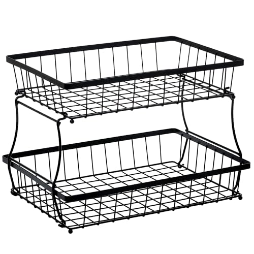 HOSY 2-Tier Metal Fruit Basket, 17-in Rectangle Black Standing Storage Rack | All-Metal, Removable Design, Tool-Free Assembly, Versatile Kitchen Countertop Organizer, Vegetables, Breads, Seasonings - size: 17-inch