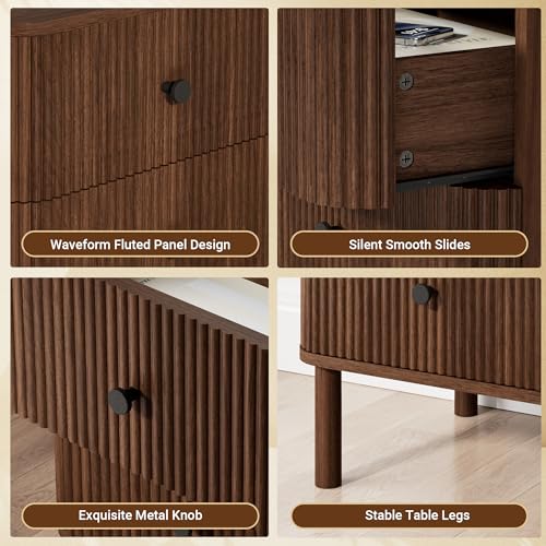 Fluted Nightstand Set of 2 with Charging & Rounded Drawer Fronts | 18in Wide, Bedroom, Natural Oak, FSC-Certified MDF, Solid Wood Legs, 2 Drawer, Metal Knobs, Bedside Table, End Table, Modern - color: Walnut - Rounded Drawer, size: 18"W