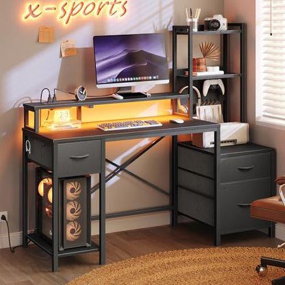 RALGEND 55" Gaming Desk with Power Outlet & LED Light, Computer Desk with Fabric Drawers, Storage Shelves & Monitor Stand, Industrial Gaming Table with Side Hook, Black