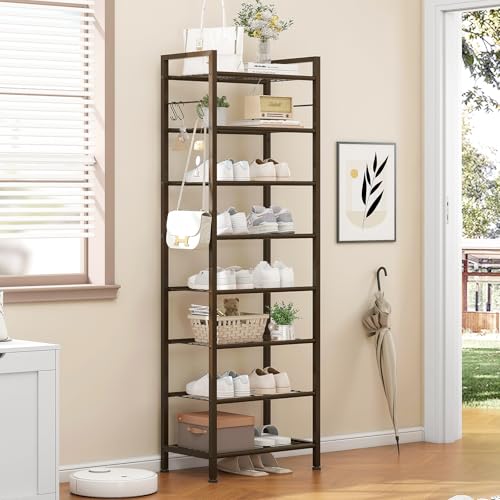 usikey 8 Tiers Narrow Shoe Rack 16-24 Pairs, Sturdy Metal Tall Shoe Rack with 4 Hooks, Slim Shoe Storage Organizer with Metal Shelf, Space Saving Vertical Shoe Shelf for Closet Entryway, Bronze - color: 8 Tier ( 17.9 X 11 X 55.5 Inches)-bronze