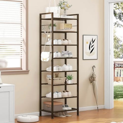 usikey 8 Tiers Narrow Shoe Rack 16-24 Pairs, Sturdy Metal Tall Shoe Rack with 4 Hooks, Slim Shoe Storage Organizer with Metal Shelf, Space Saving Vertical Shoe Shelf for Closet Entryway, Bronze - color: 8 Tier ( 17.9 X 11 X 55.5 Inches)-bronze