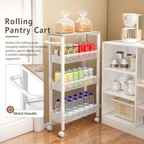 Utility Slim Rolling Storage Cart, 4-Tier Narrow Metal Organizer with Wood Top, 7.1" Width Utility Cart for Kitchen, Bathroom, Laundry Room, Small Spaces, White