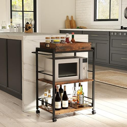 3 Tier Kitchen Cart, Rolling Bar Cart, Rustic Brown&Black | SKANDIQUIP 3 Tier Rolling Bar Cart, Mobile Kitchen Serving Cart for Tea, Coffee & Liquor with Removable Tray