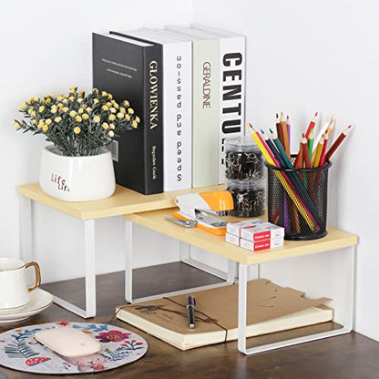 Counter Shelves Set of 4 Stackable Kitchen Cabinet Organizer Shelf and Expandable Wood Countertop Shelves for Bathroom Study Room, White | Expandable Wood Countertop Shelves, for Bathroom, Study Room, Home Office - color: White
