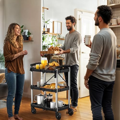 DWVO 3-Tier Foldable Service Cart with Swivel Wheels & Brake, 240LBS | Folding Utility Cart Heavy Duty Collapsible Rolling Cart, 240LBS Portable Utility Cart for Kitchen, Warehouse, Garage - size: 240 LBS