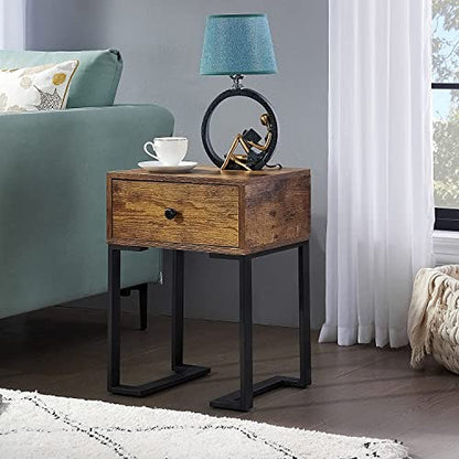 VECELO Nightstand with Storage Drawer, End/Side Table for Bedroom, Sturdy Metal Frame