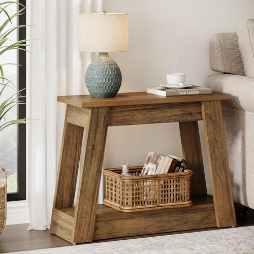 Tribesigns Wood End Table, Small Side Table with 2 Storage Shelves, Rustic Accent Narrow Nightstand for Living Room, Bedroom (2, Rustic Brown) - color: Rustic Brown