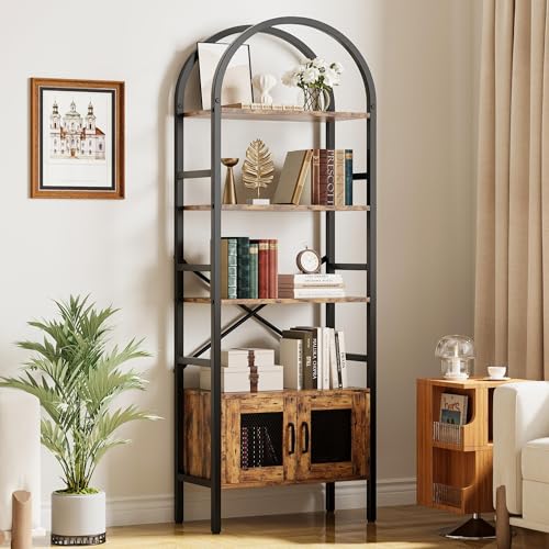 IRONCK Bookshelf and Bookcase with Door Cabinet, Arched 70.3" H 4 Tier Open Shelf for CDs Books, Modern Display Storage Rack for Home Office, Vintage Brown