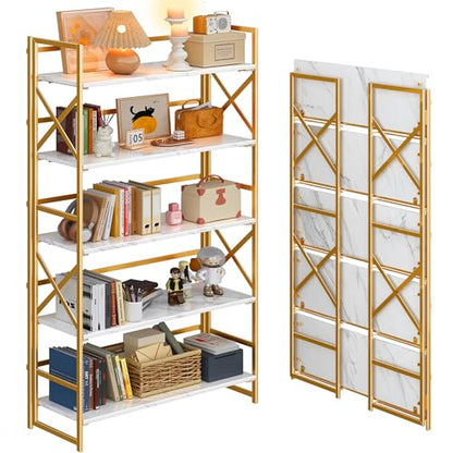 4NM Extra Wide 5 Tiers No Assembly Book Shelves, 51.2" H Folding Bookshelf Bookcase Open Industrial Foldable Shelves for Bedroom, Living Room, Home Office - White Gold - color: White Gold, size: Wide XX 5-Tier