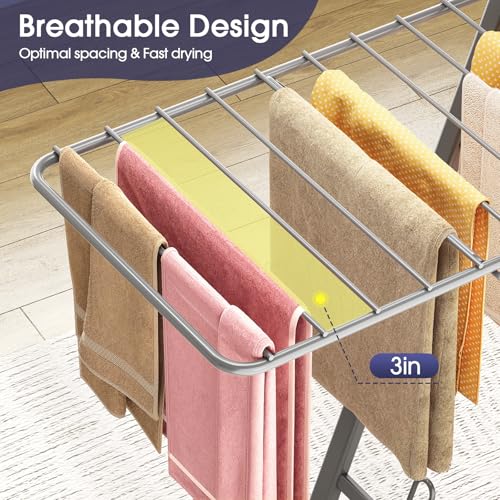 Clothes Drying Rack, 67.7" L Height Adjustable, Foldable, Grey | 1.5"Folded, No Assembly, Space-Saving, Spacious Design, Adjustable Wings, Clips, Mesh Shelf, Shoe Rack, Indoor & Outdoor Use - color: Gray