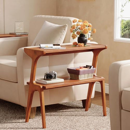 Solid Wood End Table, 2-Tier Side Table with Storage Shelf, Wooden Modern Accent Slim Bedside Table for Sofa, Living Room, Bedroom, Small Space, Easy Assembly, Cherry - color: Cherry